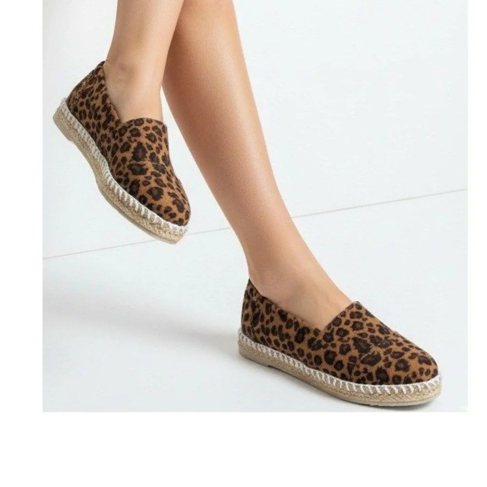 Womens Leopard Print Espadrille  7Platform SlipOn Flats Jute Sole Casual   NEW